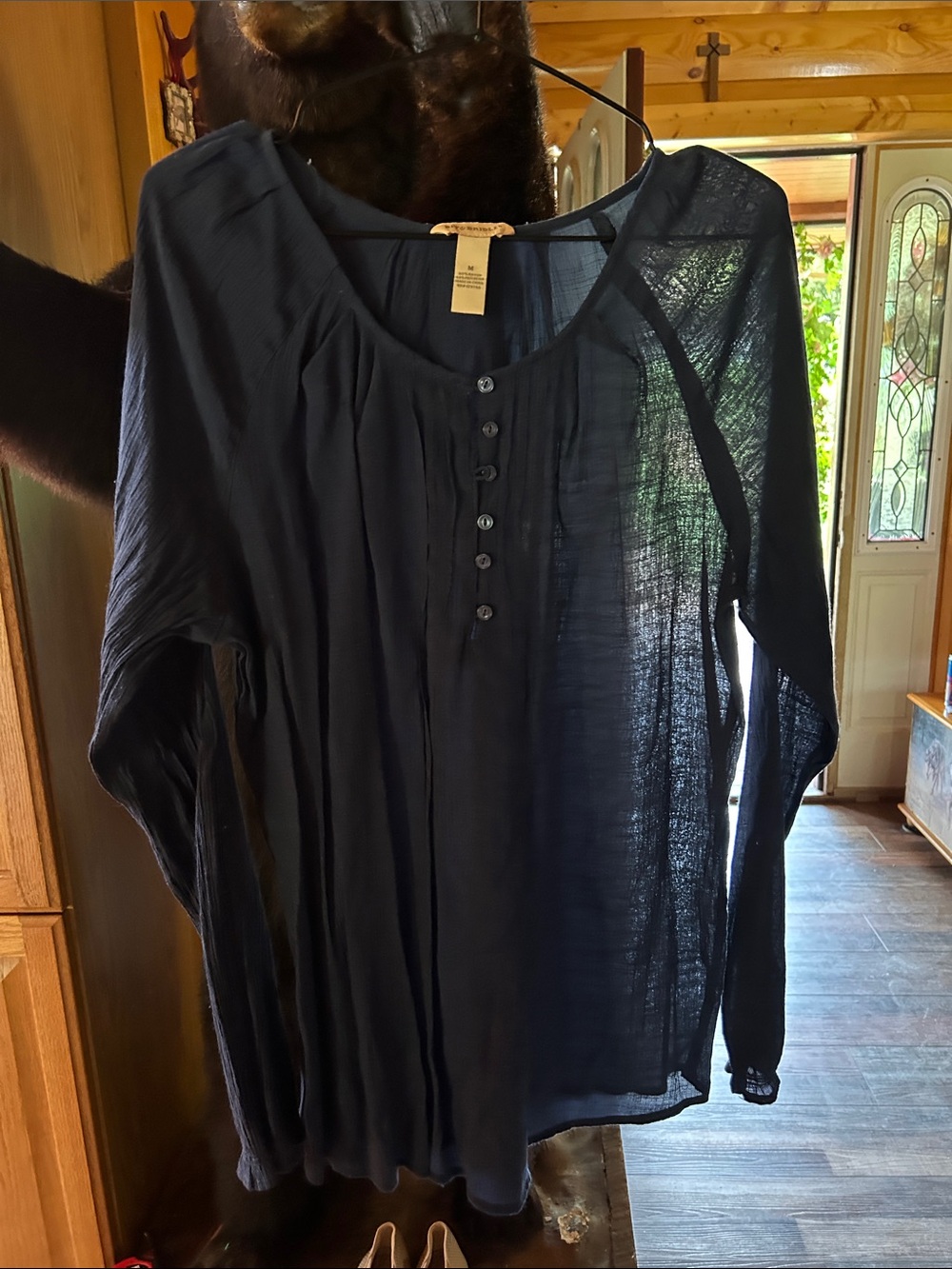 Lightweight Navy Long-Sleeve Button-Pleat Blouse